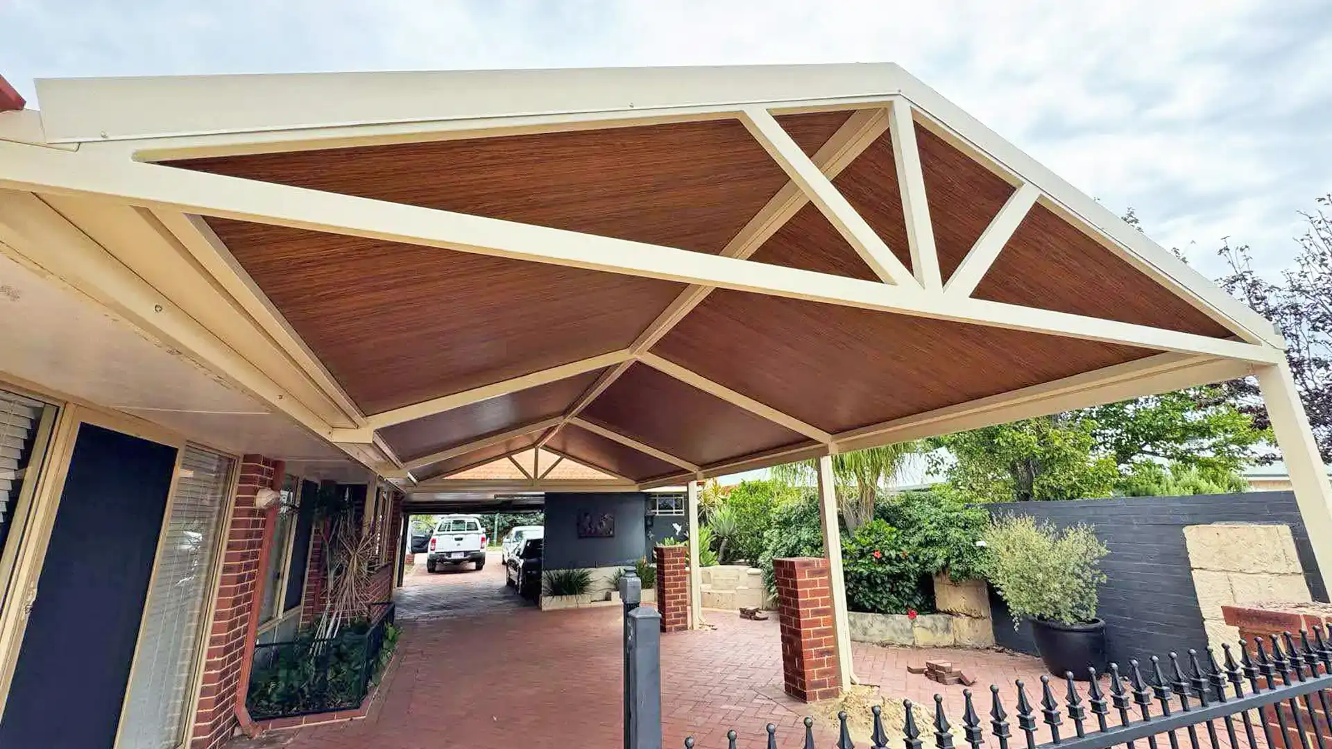 Insulated gable patio with a wood-look finish built in Perth WA